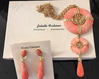 Vintage Hattie Carnegie Necklace Earrings, NYC Couture, Faux Carved Coral, Gold Plated, Asian-Themed Design, Original Box & Card, Like New