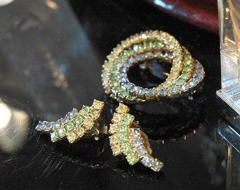Tricolor Rhinestone Set, Brooch & Earrings. Circle Design, Yellow, Green, Blue Crystals. Mint Condition