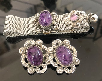Vintage 50s Marino Set, Slide Mesh Bracelet, Clips Earrings, Victorian Styling Repousse, Faux Amethyst Art Glass, Silver Plate, Quality
