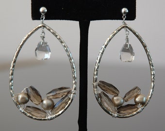 Huge Fashion Earrings, Natural Quartz Crystal, "Fallen Rocks" Wire Wrapped on Hoop Frame