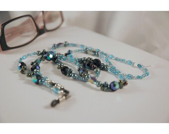 Blue Heaven Lanyard, Aurora Borealis, Czech Glass, Name Tag, Reading Glasses, Pearl, Mixed Blues