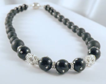 Black Onyx Choker, CZ Studded Beads with Crystal Ball Baubles