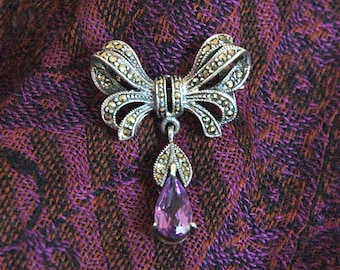 Vintage Bow Brooch. Sterling, Marcasites, Synthetic Amethyst, Beautifully Detailed, Unknown Hallmark