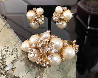 Eye popping Bridal Set, Signed Alice Caviness Earrings, Bracelet, Faux Pearl, Overlay Rhinestones, Near Perfect Condition