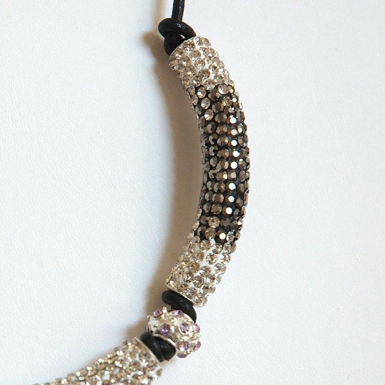 Crystal Pave Choker. Resin Tubes, Rhinestone Balls, Leather Cording, Silver image 4