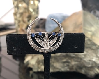 Fine Late Victorian Crescent Brooch, Diamonds, Sapphires, 14k Gold, Highly Symbolic/Sentimental Design, September Birthstone
