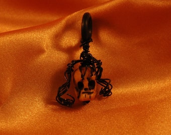Little Skull Pendants of Yak Bone and Wire Hair - Brunette Pigtails