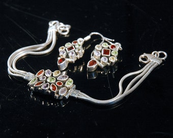 Gemstone Bracelet & Earrings, Garnet, Peridot, Amethyst, Citrine, Sterling, Tube Bezel, Snake Chains, Hinged Dangles, Excellent Condition