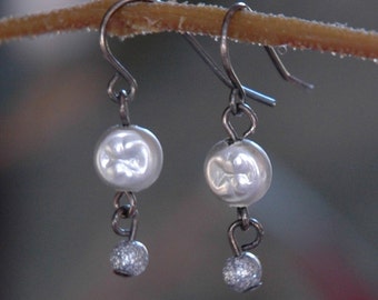 Minimalist Dangle Earrings with Silver Faux Pearls on Gunmetal