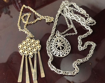 2 Vintage Fashion Necklaces, 1 Double Strand Silver-Toned Necklace Rare Signed SHP, 1 Fringy Gold Tone Necklace , Keep, Repurpose, or Resell