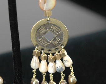 Chinese Coin Brass Earrings with Shell, Pearl, and Jasper