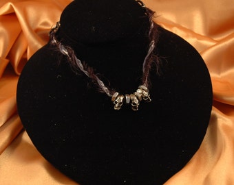 Goth Choker with Little Pewter Skulls, Fuzzy Ribbon, Gunmetal and Rubber