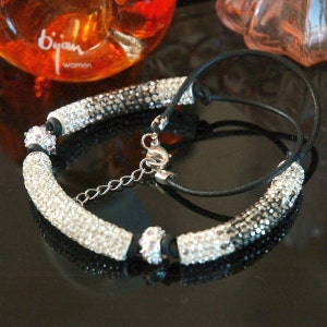 Crystal Pave Choker. Resin Tubes, Rhinestone Balls, Leather Cording, Silver image 1