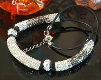 Crystal Pave Choker. Resin Tubes, Rhinestone Balls, Leather Cording, Silver