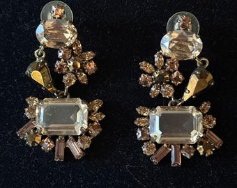 Designer Rodrigo Otazu Drop Earrings, Bronzy Earth Tone Swarovski Crystals, Mirror-like Sparkle, Copper, Tobacco Topaz, Signed, Like New