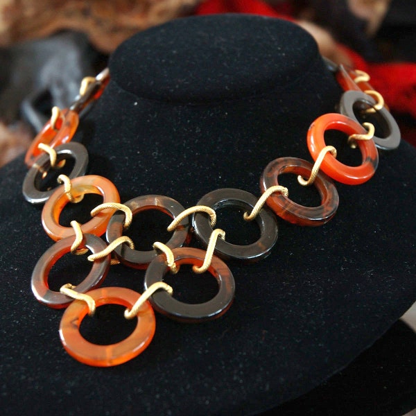 Repurposed Carnelian Link Necklace, Hoop Bib Styling, Rich Earth Shades, Chalcedony Agate