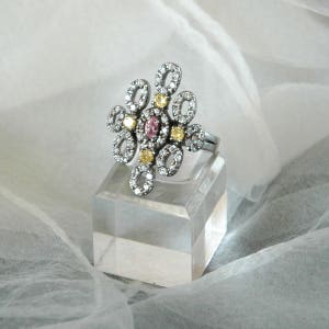 CZ Statement Ring, Diamond Shape Flower, Sz 9.5, Vintage Bride, "AF 925" Sterling Silver, Pink Yellow Colorless Stones, Like New
