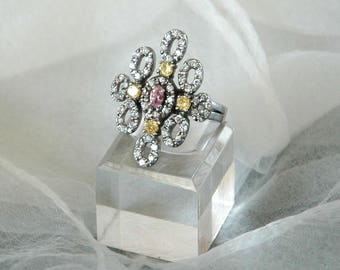 CZ Statement Ring, Diamond Shape Flower, Sz 9.5, Vintage Bride, "AF 925" Sterling Silver, Pink Yellow Colorless Stones, Like New