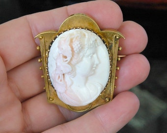 Exquisite c.1870 Angel Skin Cameo, 10kt Gold, Masterful Undercut Carved Coral, Ultra High Relief Depicting Bacchante, Excellent Condition