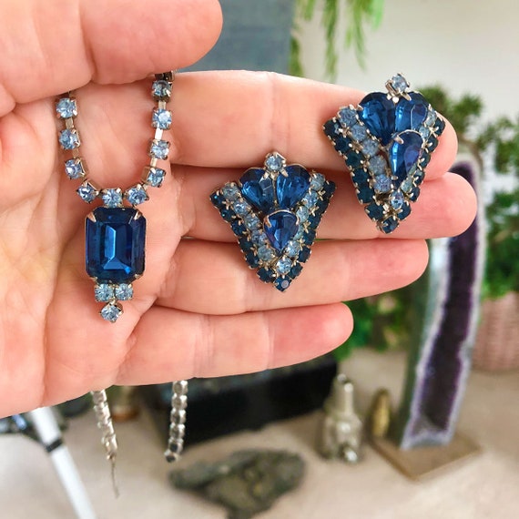 Blue Rhinestone Necklace / Earrings, Married Set,… - image 4
