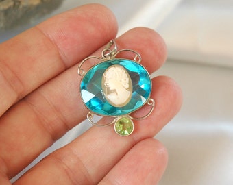 Special OOAK Cameo Pendant, Art Nouveau Style, Peridot/Blue Topaz Glass Stones, Sterling Silver, Shell Cameo, Excellent Condition