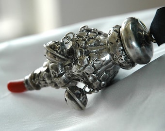 Antique Victorian Baby Rattle, Detailed Repousse, Sterling Silver with Coral Teether