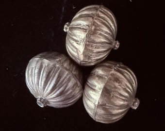 Large Tribal Beads, Set of 3 Oval-Shaped Baubles, Silver, Handmade, Decorative, Yemeni, Turkoman, Bedouin, Afghan, Great Old Condition
