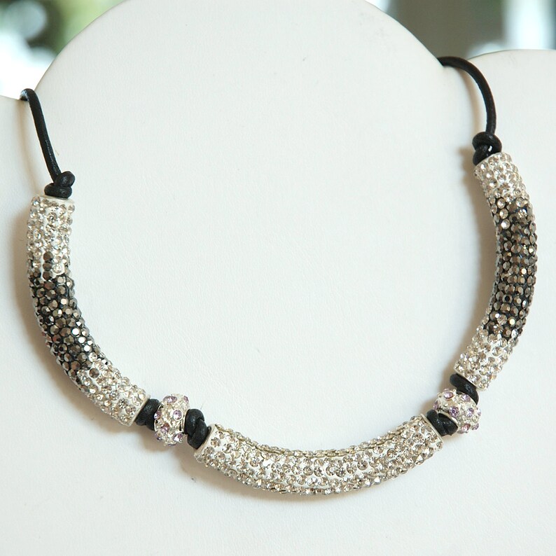 Crystal Pave Choker. Resin Tubes, Rhinestone Balls, Leather Cording, Silver image 3