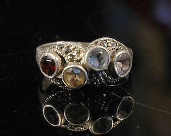 Multi Gemstone Ring, Citrine, Garnet, Aquamarine, Quartz Crystal, Marcasite, Sterling, Hallmarked, Sz 8.25, Beautiful