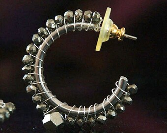 Rescued Pyrite Hoops, Upcycled Silver Wire Wrapped Earrings, Pierced