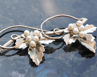 Vintage Brooch, Bridal?, Sterling, Cultured Pearl, Grape Leaves, Large Art Nouveau Loop & Swoop Design, Like New