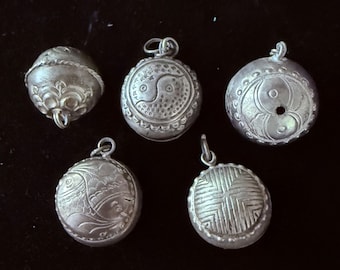 Tribal Bells, Set of 5 Round-Shaped Baubles, Silver, Handmade, Decorative, Yemeni, Turkoman, Bedouin, Afghan, Great Old Condition