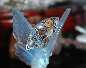 Abalone Shell Ring, Sterling, Unique Multi-Bezel Design, Marquise Shape, Lacy Scrolling Design, Paua, Mother of Pearl, Sz 7.5, Like New