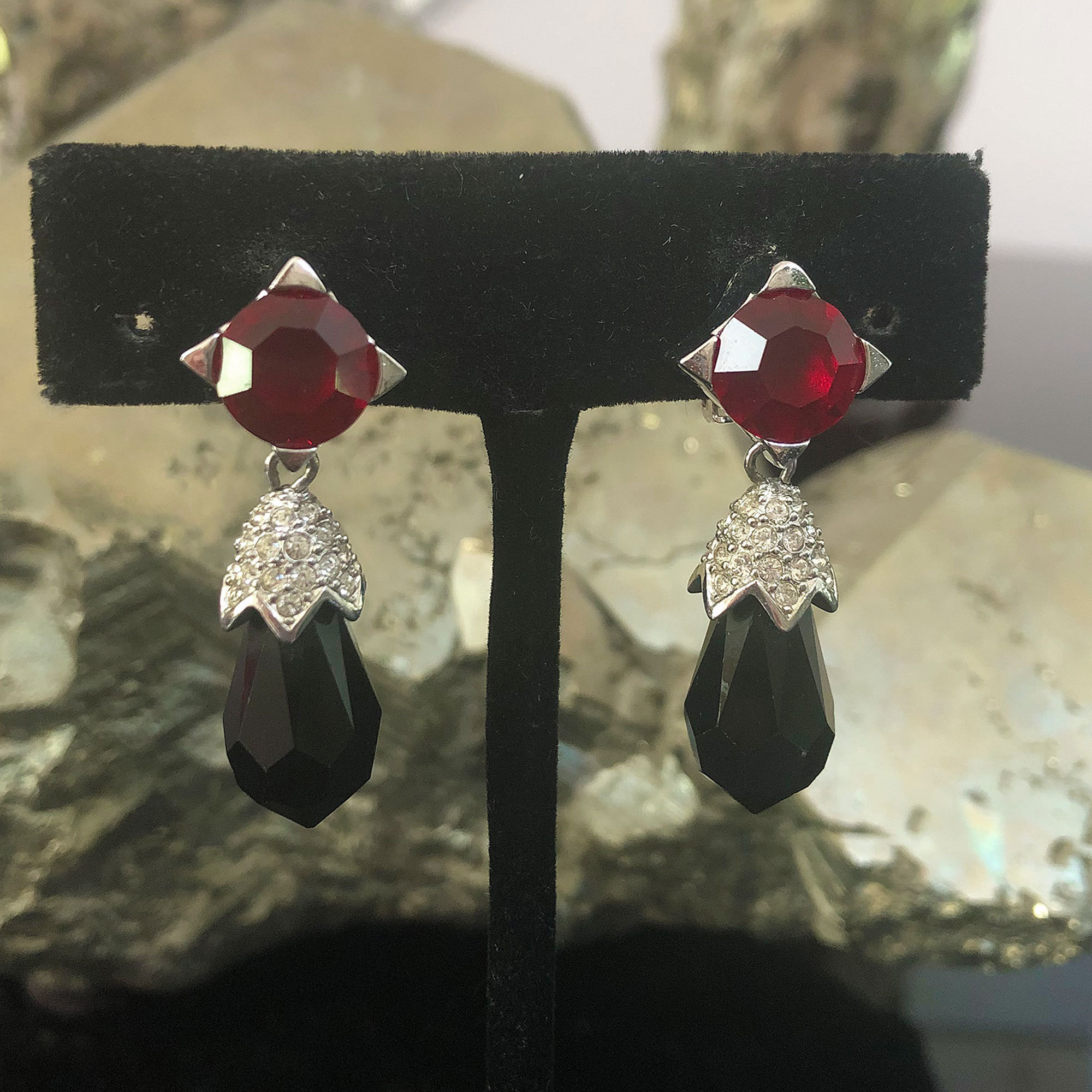 Retro 80s Christian Dior Ear Clips, Siam Red, Black Onyx