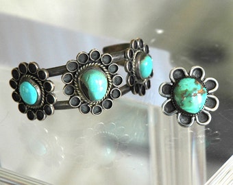 Very Old Navajo Bracelet & Ring, Flower Design, Gorgeous Mixed Blue/Green Stones, Size 6.5 Ring, Excellent Condition