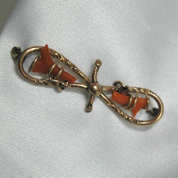 Antique Coral Brooch, Branch Salmon, Rolled Gold,… - image 3