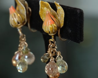 Upcycled Vintage 50s Enamel Bud Earrings, Intricate Detail with New CZ Droplets