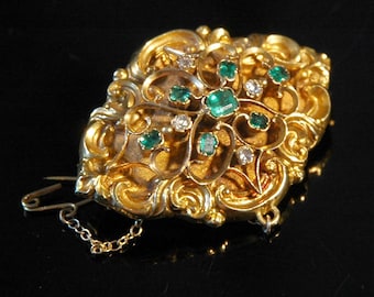 Fine Antique Victorian Mourning Brooch, 14k & 18kt Gold, Emeralds, Diamonds, Repousse, w/Hairwork, 15.5 grm tw, Excellent Condition