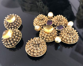 Vintage Crown "Trifari©" Brooch & Earrings, Rare, Maltese Cross, Glass Stones, Gold Cannetille, Estate Find, All Signed, Excellent Condition