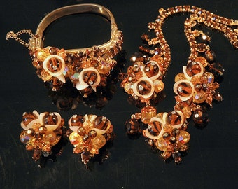 Couture Hobé Parure, Cuff Bracelet, Button Earrings, Structured Necklace, Tiger Art Glass, Haskell Inspired Construction, Mint Condition