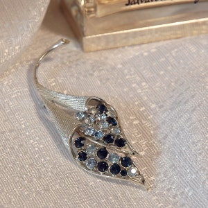 May include: A silver brooch with a leaf design and blue and clear rhinestones.