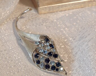Vintage Pegasus Coro © Brooch, Leaf Design, Blue Pave Rhinestones, Silver Plated, Like New Condition