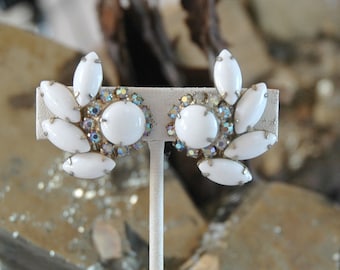 Vintage Milk Glass Earrings, Bridal, Unsigned Weiss/D&E, Juliana, AB Crystals, Button Spray Design, Gold Plated, Excellent Vintage Condition