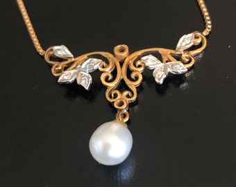 Antique Fine Lavalier Necklace, Victorian, 14kt yellow & white gold, White Diamonds, Cultured Pearl on Chain, 5.2gms, Like New