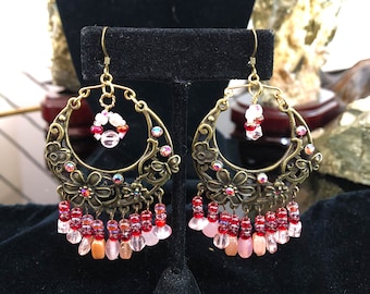 Fringy Boho Earrings, Large Statement, Red/Pink/Bronze, Flower Stamping/Filigree, Rhinestones