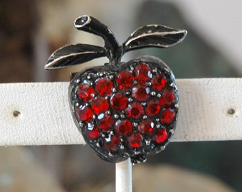 Adorable Apple Brooch, Japanned Metal, Red Rhinestones, Nice Size, Teacher's Pet, Very Good Condition