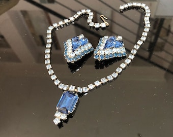 Blue Rhinestone Necklace / Earrings, Married Set, Vintage, Classic Design, Beautiful Sapphire & Baby Blues, Excellent Condition