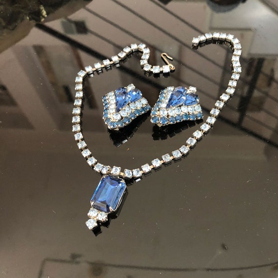Blue Rhinestone Necklace / Earrings, Married Set,… - image 1