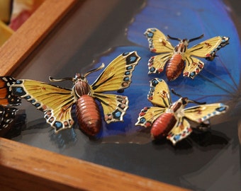 Vintage Hand-Painted Moth Brooches, Czech, Enamel Butterfly, Sterling, Set of 3 Scatter Pins, Mint Condition