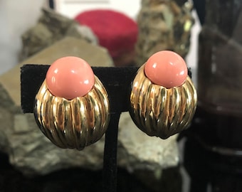 Vintage 80s Ciner Bombe Earrings, Ribbed Globe Design, Glass Coral Stones, Clips, Heavy Gold Plated, High Quality, Signed, VG Condition
